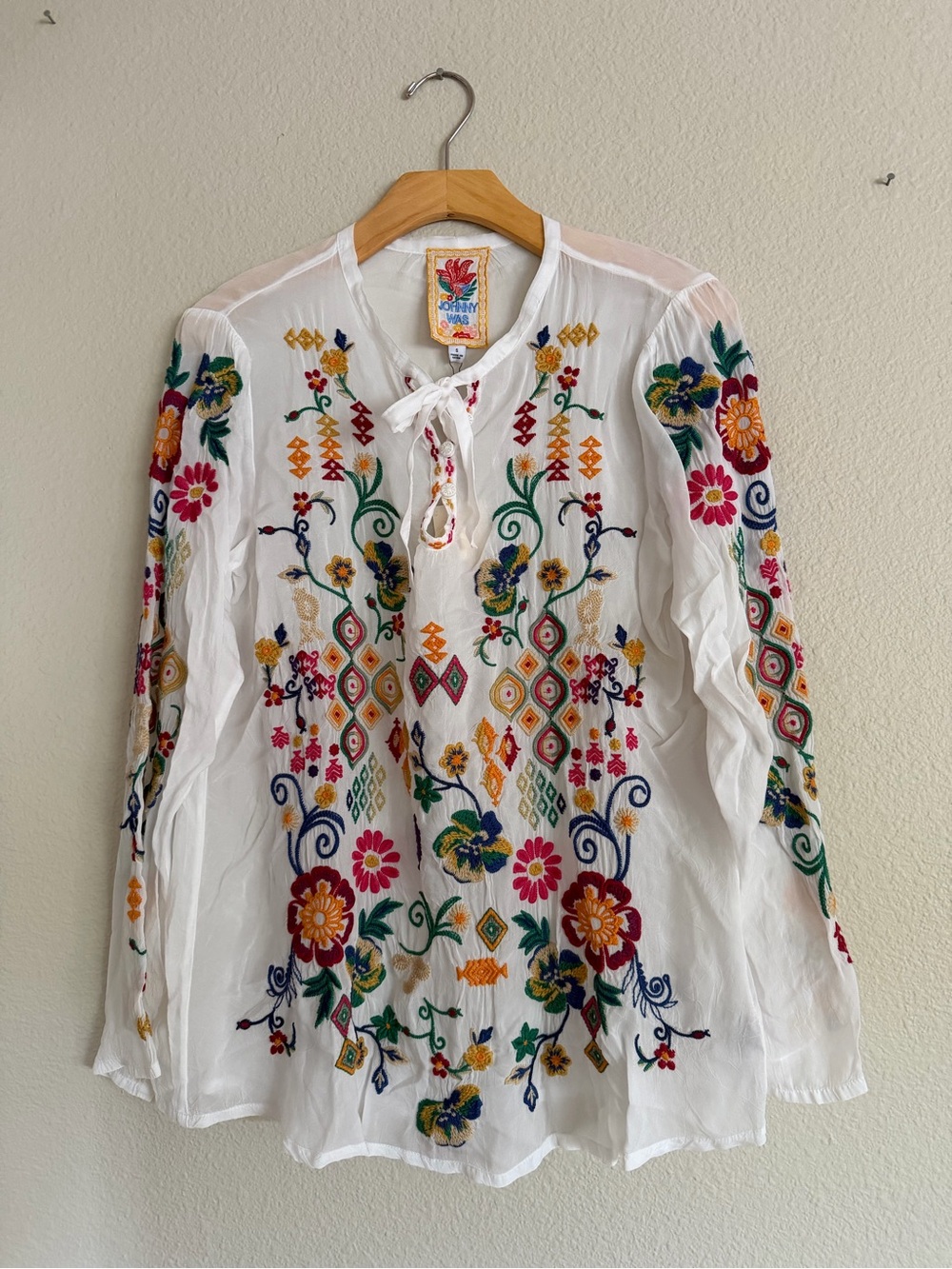 Johnny Was Fabi Blouse Floral Embroidery White Size Small NWT